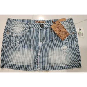 YMI Jeans Blue White Railroad Pinstripe Distressed Denim Mini Skirt Size 5 NWT